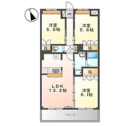 バス 曙六丁目下車 徒歩3分の賃貸マンション 2階3LDKの間取り