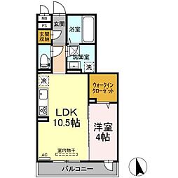 オアシス木之庄 2階1LDKの間取り