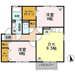 ハピネス山田　B 1階2DKの間取り
