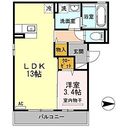 グラシューズ深津 3階1LDKの間取り