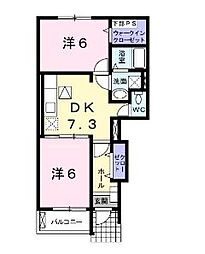 エバーグレイス 1階2DKの間取り