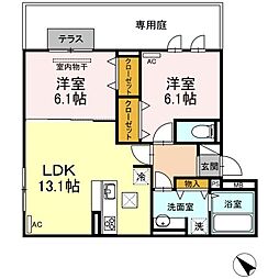 エコール草戸 1階2LDKの間取り