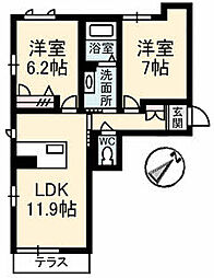 ヤマトハイムIII 1階2LDKの間取り