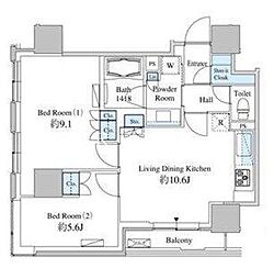 JR京浜東北・根岸線 田町駅 徒歩13分の賃貸マンション 27階2LDKの間取り