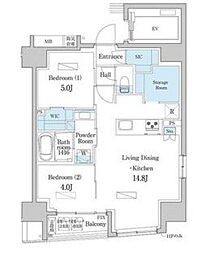 東京メトロ日比谷線 人形町駅 徒歩5分の賃貸マンション 13階2LDKの間取り