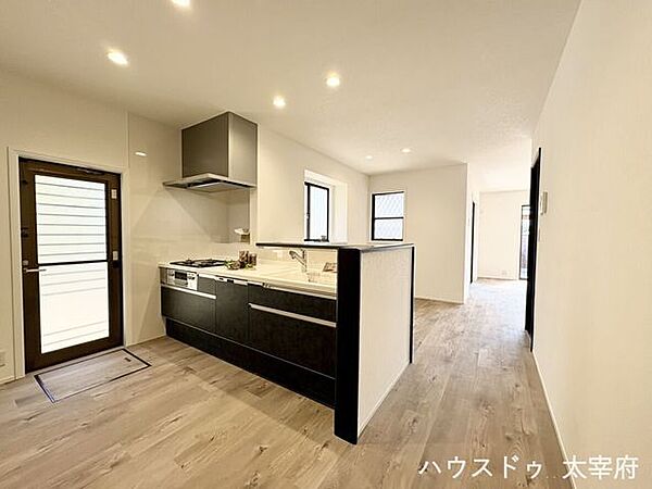 リビングとダイニングで自然にゾーニングされ、くつろぎと食事の空間を分けられる設計です。スタイリッシュなキッチンも魅力で生活感を抑えられます。
