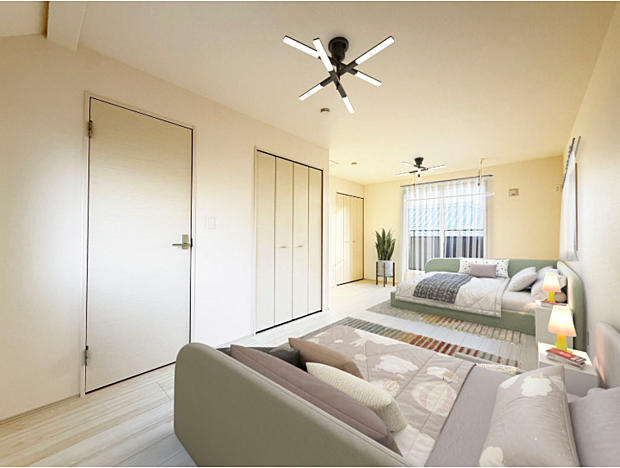 ２階の5.25帖と6.0帖の洋室の中間には、壁想定ラインがあり、お子様の成長や、ライフスタイルに合わせて、間取り変更が可能です。南向きのバルコニー付きで、陽当たりgが良く、明るい空間です。