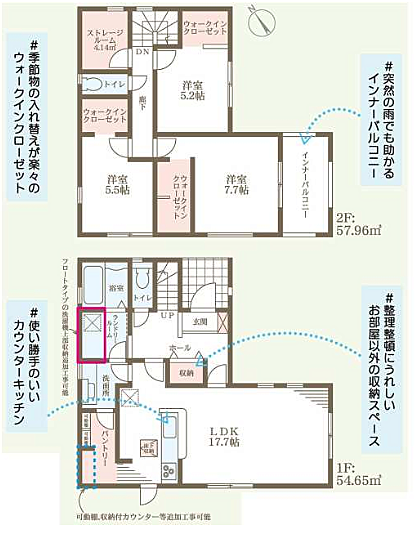 2階3部屋全室に、ウォークインクローゼットを完備。【圧倒的な収納力】+【衣替えの手間ゼロ】の贅沢な暮らし♪暮らしの渋滞をスッキリ解消!どこからでもアクセスできる、360℃快適な水回り設計です♪