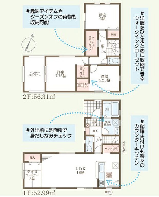 広いLDKとファミリークローゼットやウォークインクローゼットを備えた暮らしやすい間取りです。