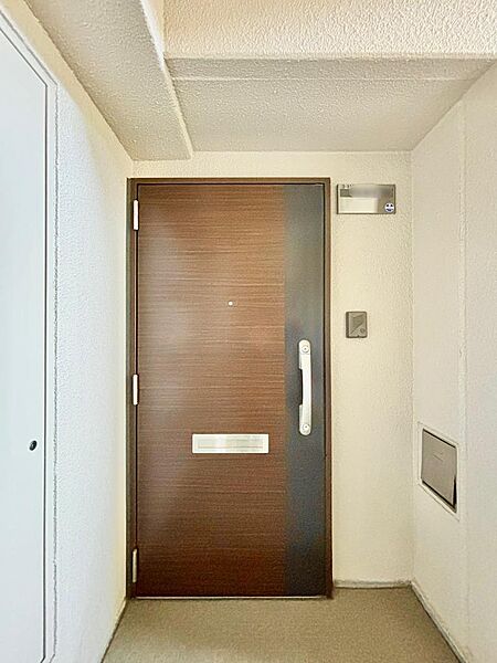 木目調の玄関ドアで、温かみと上品さを両立。住まいの顔として印象的なデザインです。