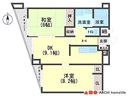ライオンズマンション姫路 2DKの間取図画像