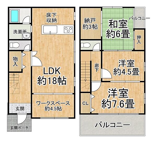 広々約18帖のLDKに約4.5帖のワークスペース付き♪約3帖の納戸や床下収納など収納も充実！洋室2部屋と和室を備え、在宅ワークや趣味のお部屋など多彩に活用できる魅力的な間取りです♪