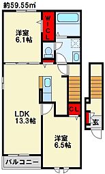 エスポワール馬場 2階2LDKの間取り