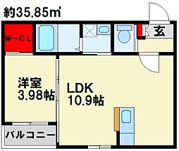 エクスヴィータ新入 2階1LDKの間取り