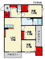 カーサ宮ノ前 直方 A棟 3階2LDKの間取り