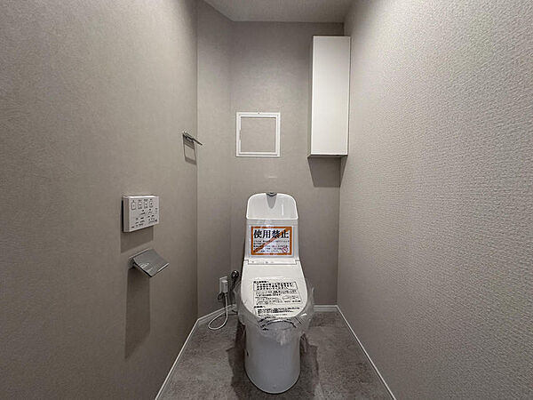 壁付けの操作パネルを備えた、機能的なトイレです。