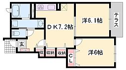 オワゾーブルーB棟 2DKの間取図画像