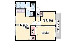 サンライフ雅B棟 2LDKの間取図画像