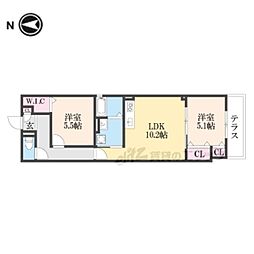 クリエオーレ天理 3階2LDKの間取り