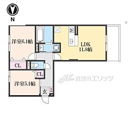 カーサ王寺 2階2LDKの間取り
