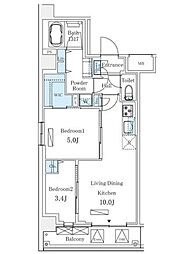 都営大江戸線 勝どき駅 徒歩9分の賃貸マンション 4階2LDKの間取り