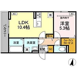 D Paina 浅田 2階1LDKの間取り