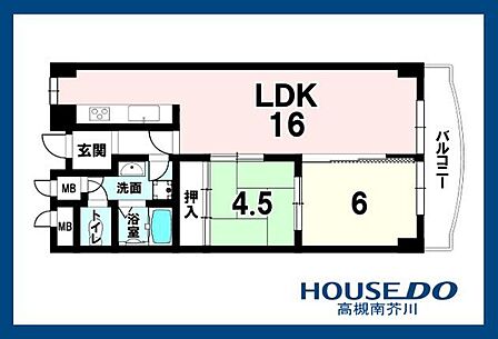 南向きバルコニーのある2LDKの間取りです