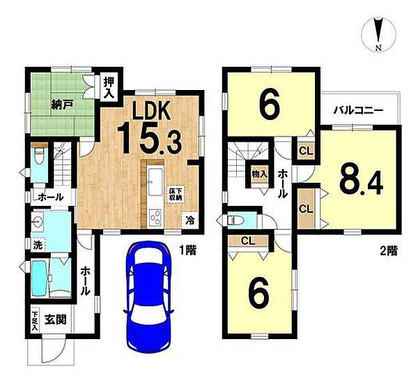 約15.3帖のゆったりとしたLDK に2階には6帖・6帖・8.4帖の3居室がございます！