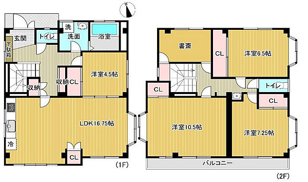 建物間取：１階58.23m2、2階63.04m2総面積：130.56m2（約39.5坪）＋小屋裏収納