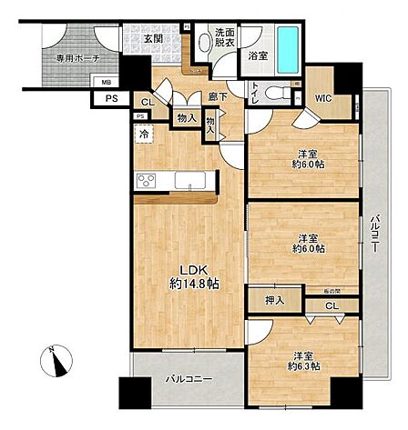 角部屋のため、全てのお部屋がバルコニーに面しています。採光と心地よい風を取り込みやすい間取りです♪