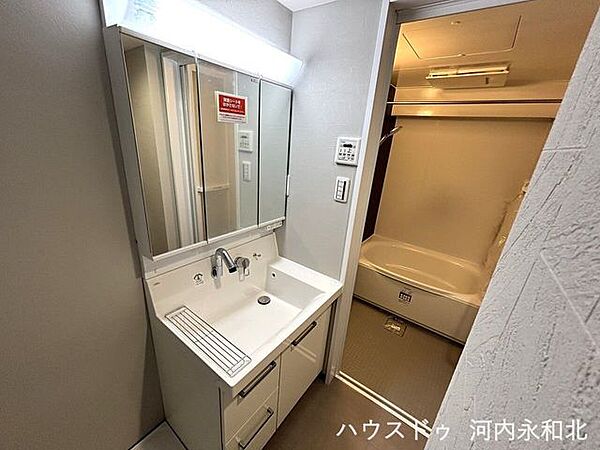 身支度がしやすい三面鏡タイプの洗面化粧台。鏡裏や足元に小物をたっぷり収納できます。