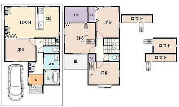 土地面積88.25m2、建物面積98.53m2、4LDK+ロフト、木造2階建て、駐車1台