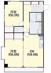 JR宇野線 大元駅 徒歩9分の賃貸マンション 3階2DKの間取り