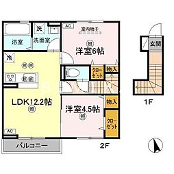 JR宇野線 大元駅 3.6kmの賃貸アパート 2階2LDKの間取り