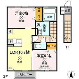 JR宇野線 大元駅 徒歩14分の賃貸アパート 2階2LDKの間取り