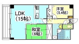 JR津山線 法界院駅 徒歩12分の賃貸マンション 3階2LDKの間取り