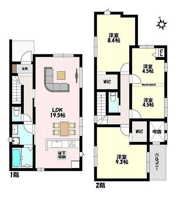 3LDK♪LDK19.5帖の広さ♪2WICなど収納豊富です♪折上天井や吹抜などLDK開放感溢れます♪ライフスタイルに合わせて間仕切り対応な居室♪