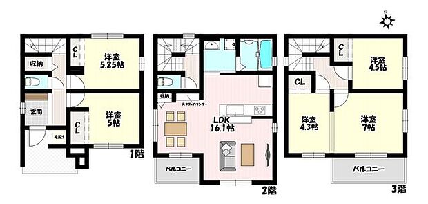 4LDK♪2階LKDに水廻りとバルコニーを集約、明るく開放的です♪ライフスタイルの合わせて間取も柔軟に変更可能♪