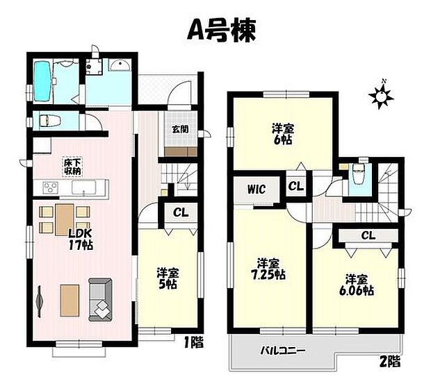 4LDK♪水廻りが近くて家事動線スムース♪廊下からも行き来できるLDK併設洋室あり♪2階全居室6帖以上でゆとりがあります♪