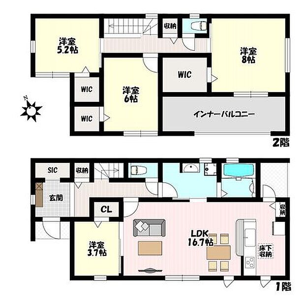 4LDK♪全室南向きで日当たり良好♪客間やキッズスペースにもなるLDK併設洋室あり♪2階全居室WIC完備！