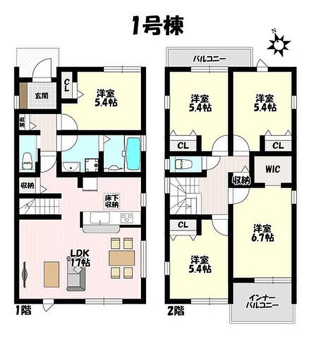 5LDK♪部屋数が多く、テレワークルームにも利用できます♪WICなど全居室収納付きでお部屋がすっきり♪南に広く面したLDK♪急な雨にも安心のインナーバルコニー♪家族の様子が分かるリビング階段♪