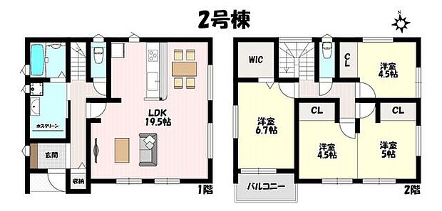 4LDK♪LDK広々19.5帖！2階洋室はお子様の成長に合わせて間仕切り可能！南向きバルコニーでお洗濯物がよく乾きます♪