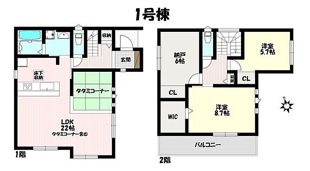 2SLDK♪客間やキッズスペースにもなるLDK併タタミコーナーあり♪納戸は居室として使える広さです♪主寝室には大容量のWIC完備!