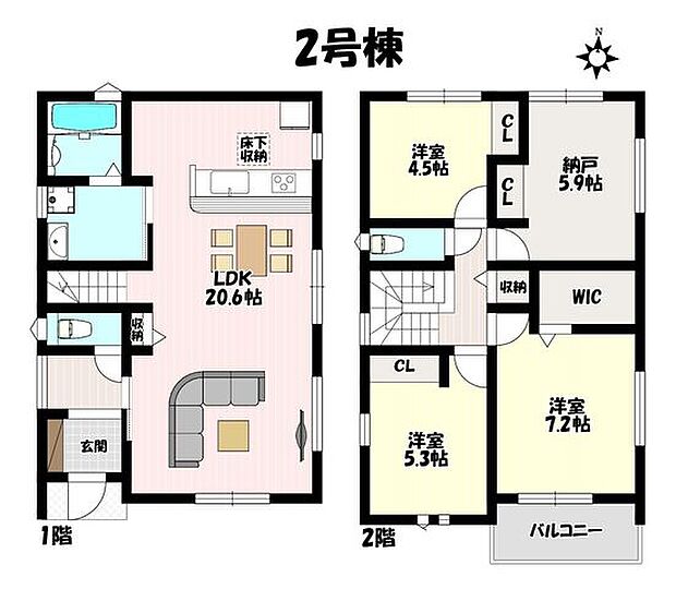 3SLDK♪水廻りが近くて家事動線スムーズ♪ご家族と自然と顔を合わせられるリビング階段仕様♪主寝室には大容量のWIC完備！