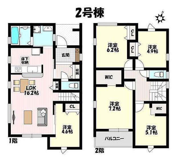 5LDK♪水廻りが近くて家事動線スムーズ♪ご家族が自然と顔を合わせられるリビング階段!客間にもなるLDK併設洋室あり♪