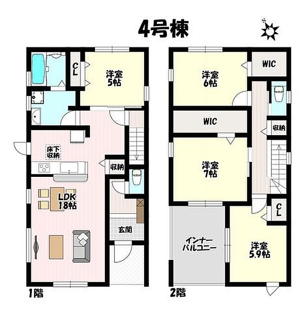 4LDK♪子供部屋や家事室にもなるLDK併設洋室あり♪急な雨でも安心のインナーバルコニー♪