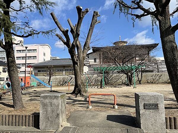 中部公園シーソー、ベンチ、グローブジャングル他の遊具があります。お寺の隣、スーパーの正面にあり、待ち時間などもお子さまが退屈しなさそうですね。 280m