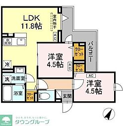 セレスティア扇III 2階2LDKの間取り