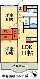 グレースマンション 3階2LDKの間取り