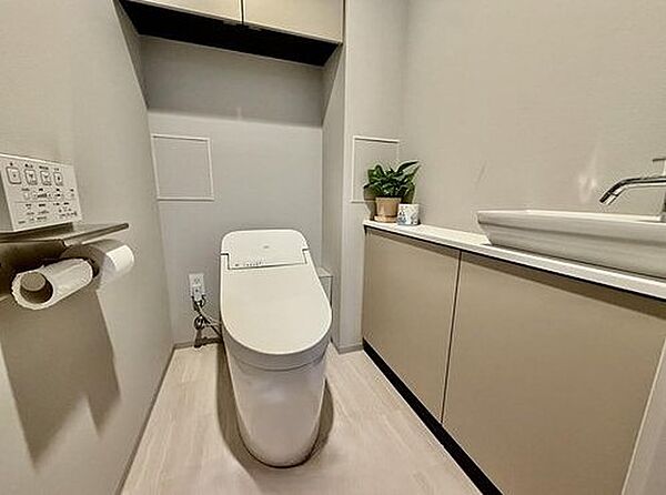 収納と手洗いカウンターを一体化させ、機能性とデザイン性を両立したトイレ空間です。シンプルな内装が清潔感を演出します。